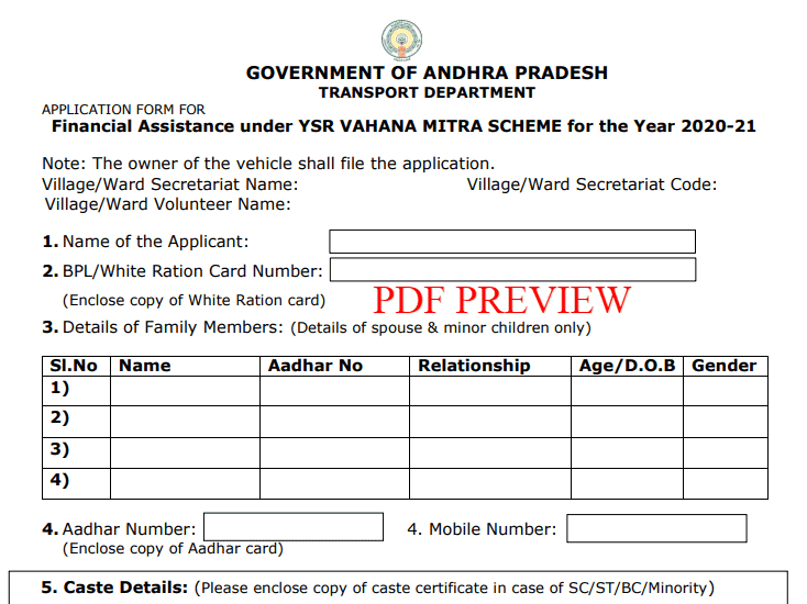 Andhra Pradesh YSR Vahan Mitra Scheme Application PDF Form